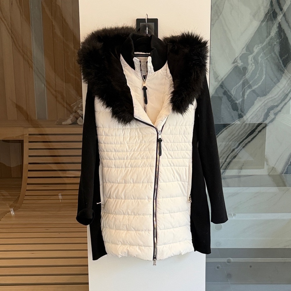 Calvin Klein Black and White Fur-Trimmed Puffer Jacket